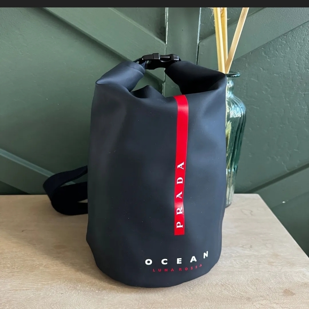 Prada Men's Black Duffel Bag with Red Stripe